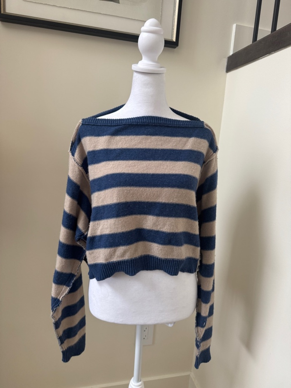 We The Free Striped Off-the-Shoulder Boatneck Sweater in Navy and Tan